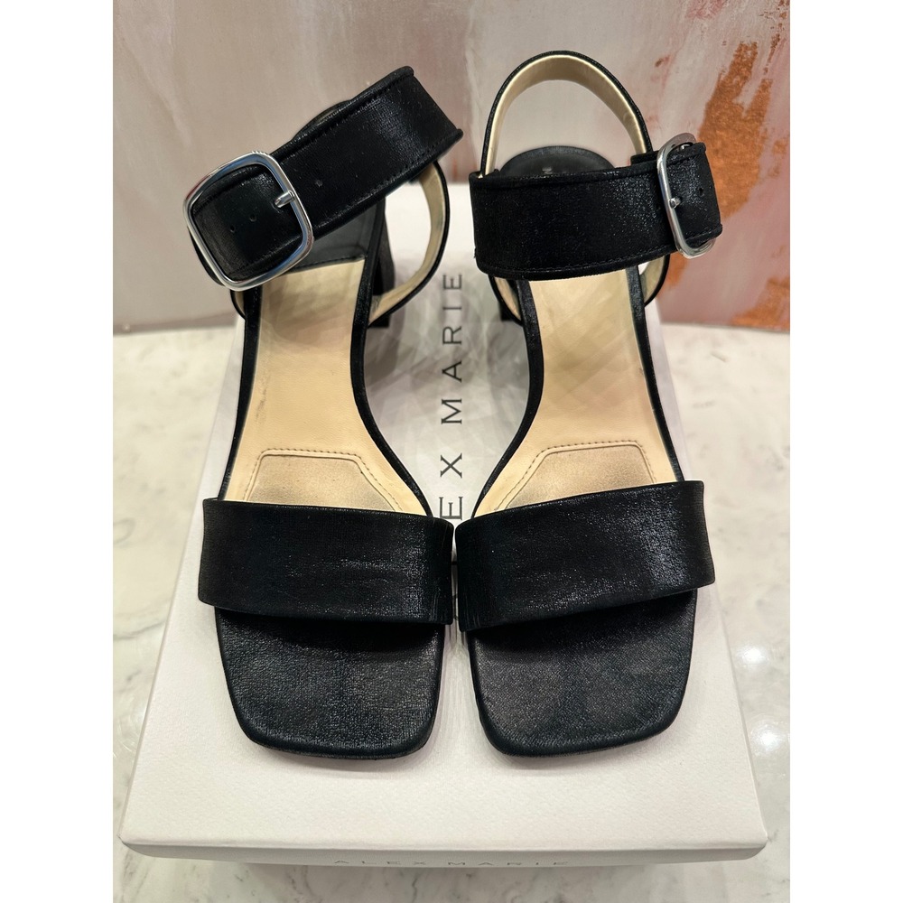 Alex Marie Leyna Black Block Heel Sandals Square Toe Buckle Strap‎ Womens Sz 7M